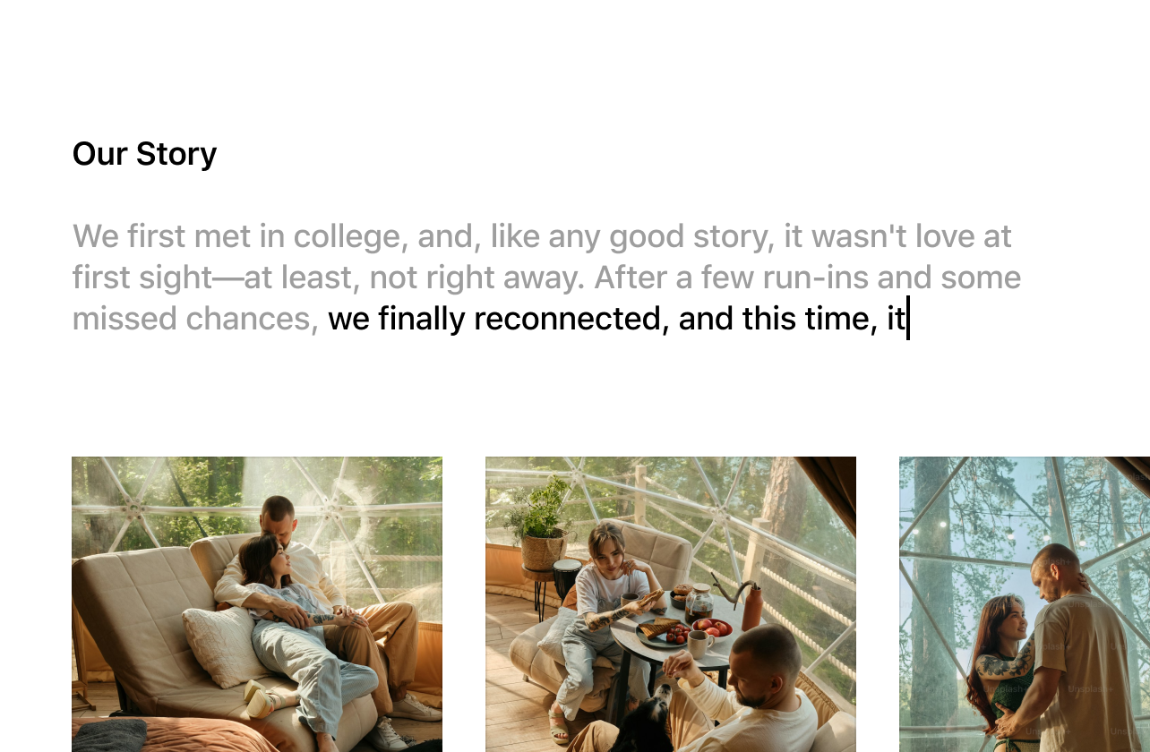 A wedding website showing the Story section